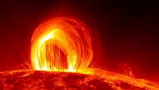 Plasma rain cascading on the Sun’s surface, captured by NASA’s Solar Dynamics Observatory.